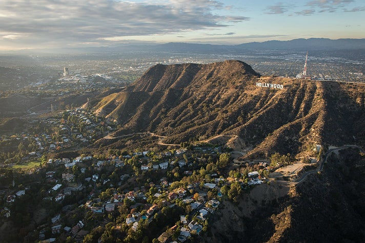Hollywood Sign aerial photo from above Los Feliz