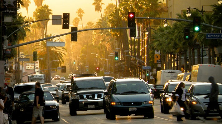 Pedestrians crossing Orange Drive in Hollywood