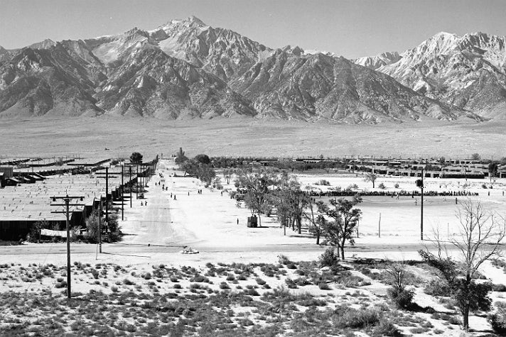 Ansel Adams, “Manzanar from Guard Tower,” 1943 [detail]. Gelatin silver print (printed 1984). Private collection; courtesy of Photographic Traveling Exhibitions.