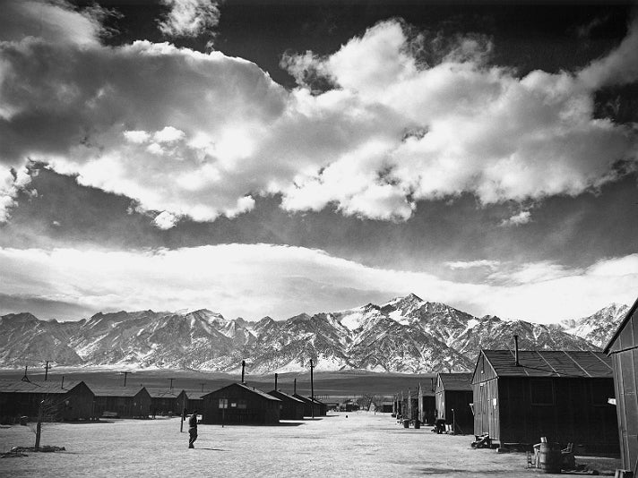 Ansel Adams, “Manzanar Street Scene, Spring,” 1943 [detail]. Gelatin silver print (printed 1984). Private collection; courtesy of Photographic Traveling Exhibitions.