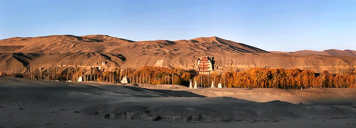 Autumn view of Mogao from "Caves of Dunhuang" at the Getty Center