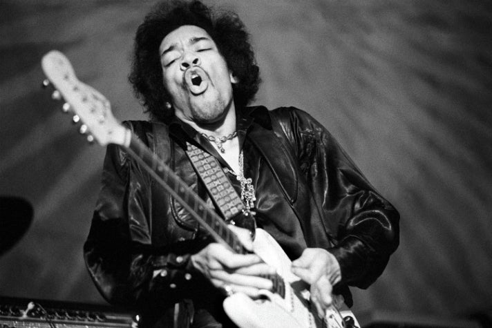 Jimi Hendrix performs at Fillmore Auditorium, San Francisco. Feb. 1, 1968.