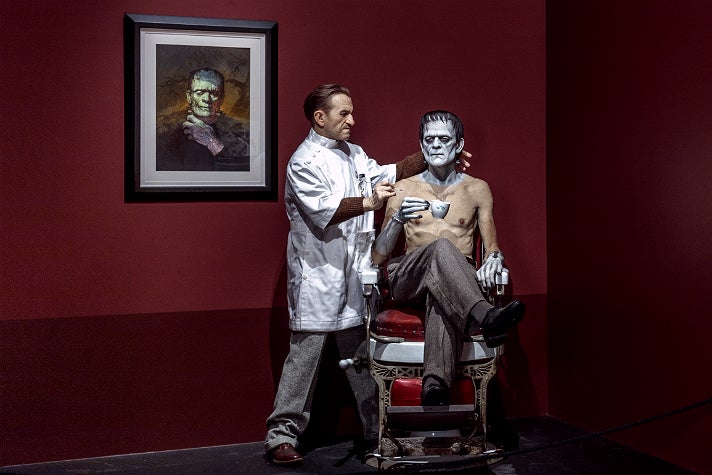 Jack Pierce and Boris Karloff sculpture by Mike Hill at "Guillermo del Toro: At Home with Monsters," LACMA