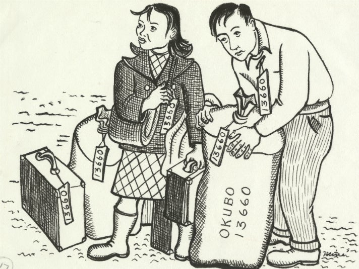 Miné Okubo, [Miné and Toku standing with their luggage, Berkeley, California], 1942. Drawing. Courtesy of the Japanese American National Museum, gift of Miné Okubo Estate, 2007.62.