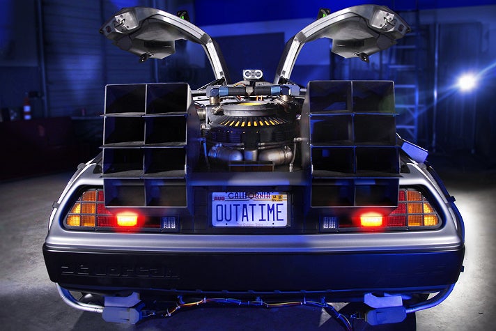 Rear view of the "Back to the Future" DeLorean at Petersen Automotive Museum