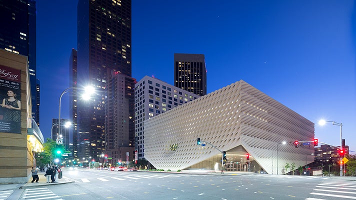 The Broad museum, exterior view on Grand Avenue at night