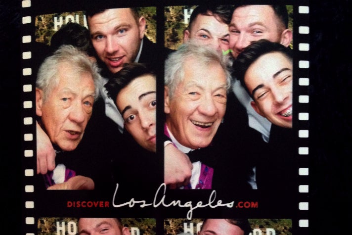 Sir Ian McKellen and friends having fun in the Discover Los Angeles photo booth at the 2015 Attitude Awards.