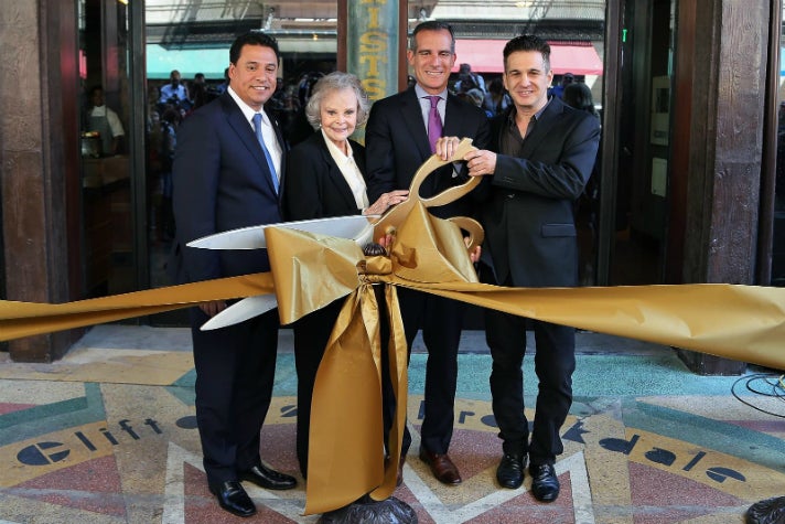 Councilman Jose Huizar, actress June Lockhart, Mayor Eric Garcetti, Andrew Meieran at the Clifton’s ribbon cutting