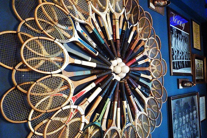 Tennis racquet display at the Blue Room
