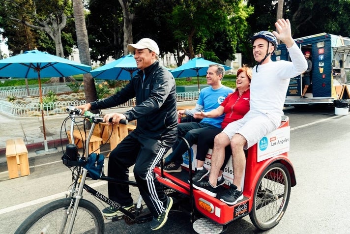 Riding the free pedicab at CicLAvia: Heart of L.A.