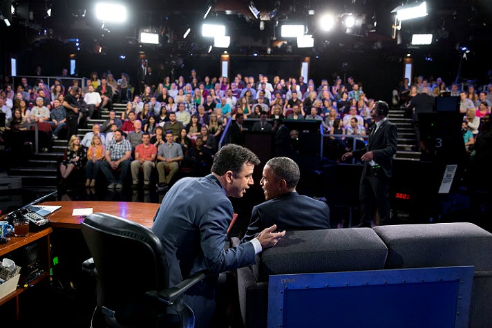 President Barack Obama and Jimmy Kimmel on the set of "Jimmy Kimmel Live!" in Hollywood, March 12, 2015