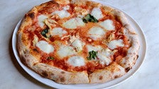 Margherita pizza with shredded chicken breast and Fontina at 800 Degrees