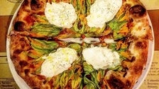 Squash Blossoms, Tomato &amp; Burrata Pizza at Pizzeria Mozza