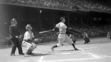 Photo of Hank Greenberg hitting a home run, from "Chasing Dreams" at Skirball Cultural Center