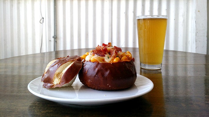 Baked Mac n Cheese in a pretzel bowl at The Pub at Golden Road