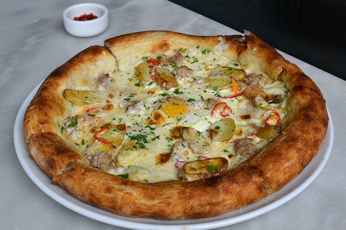 Breakfast pizza at Milo and Olive