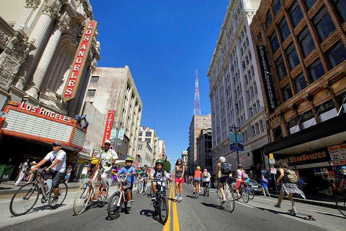 CicLAvia riders on Broadway in Downtown L.A.