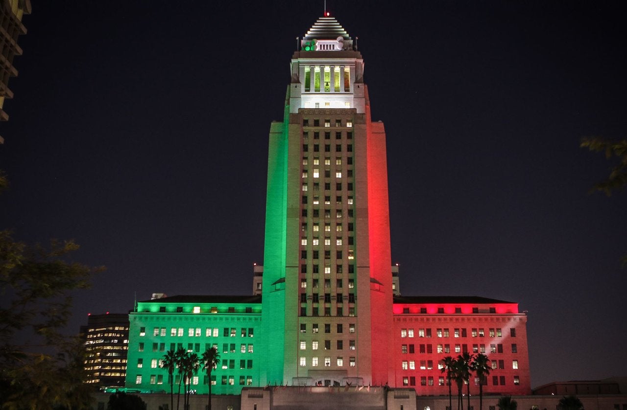 Los Angeles City Hall with colors of the Italian flag