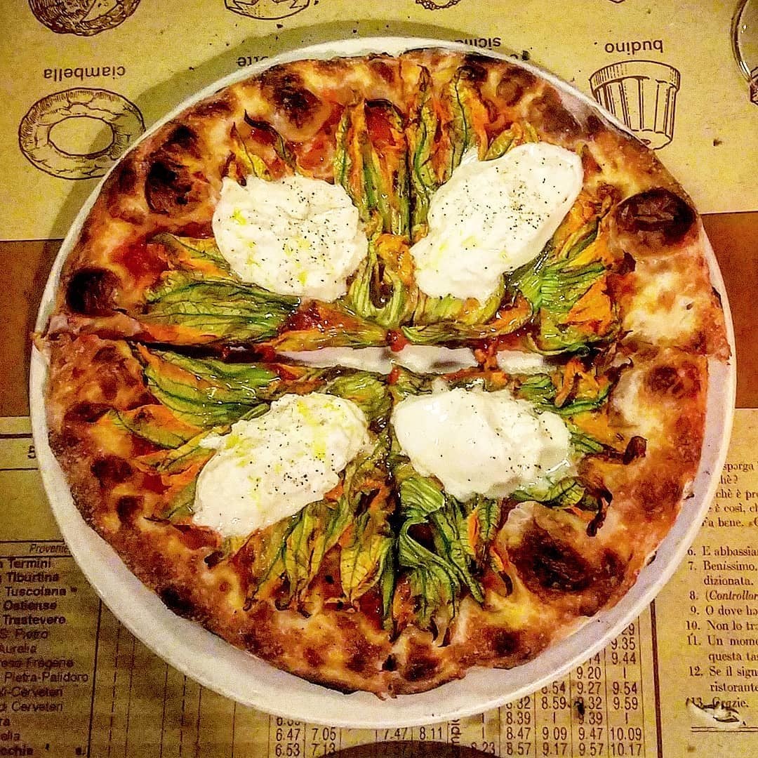 Squash Blossoms, Tomato &amp; Burrata Pizza at Pizzeria Mozza